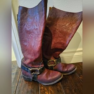 Freebird Distressed Tall Burgundy Rust LeaPhily Harness Moto Boots